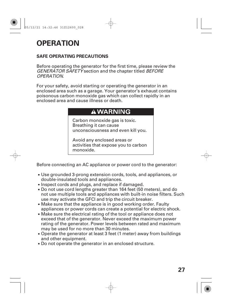 Operation, Safe operating precautions | HONDA EB7000i User Manual | Page 29 / 92