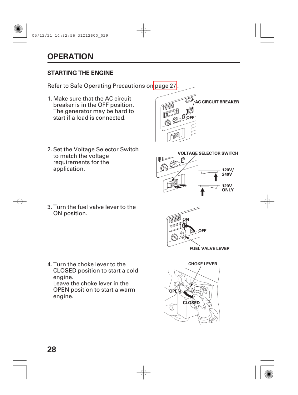 Starting the engine, 28 operation | HONDA EB7000i User Manual | Page 30 / 92
