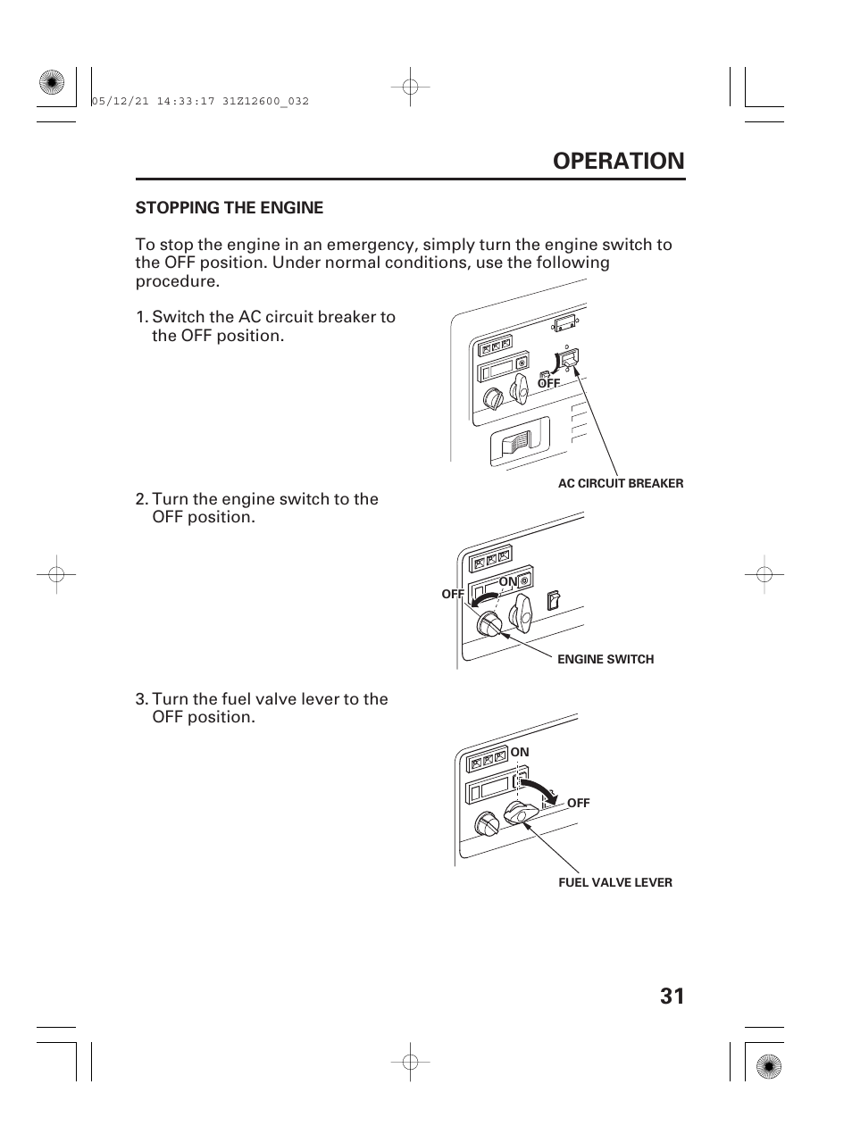 Stopping the engine, 31 operation | HONDA EB7000i User Manual | Page 33 / 92