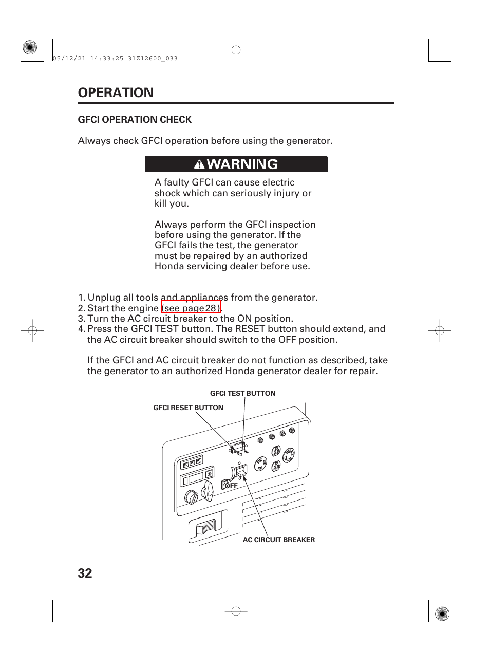 Gfci operation check, 32 operation | HONDA EB7000i User Manual | Page 34 / 92