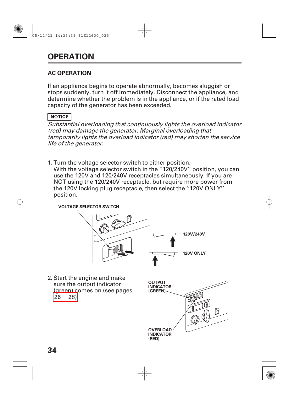 Ac operation, 34 operation | HONDA EB7000i User Manual | Page 36 / 92