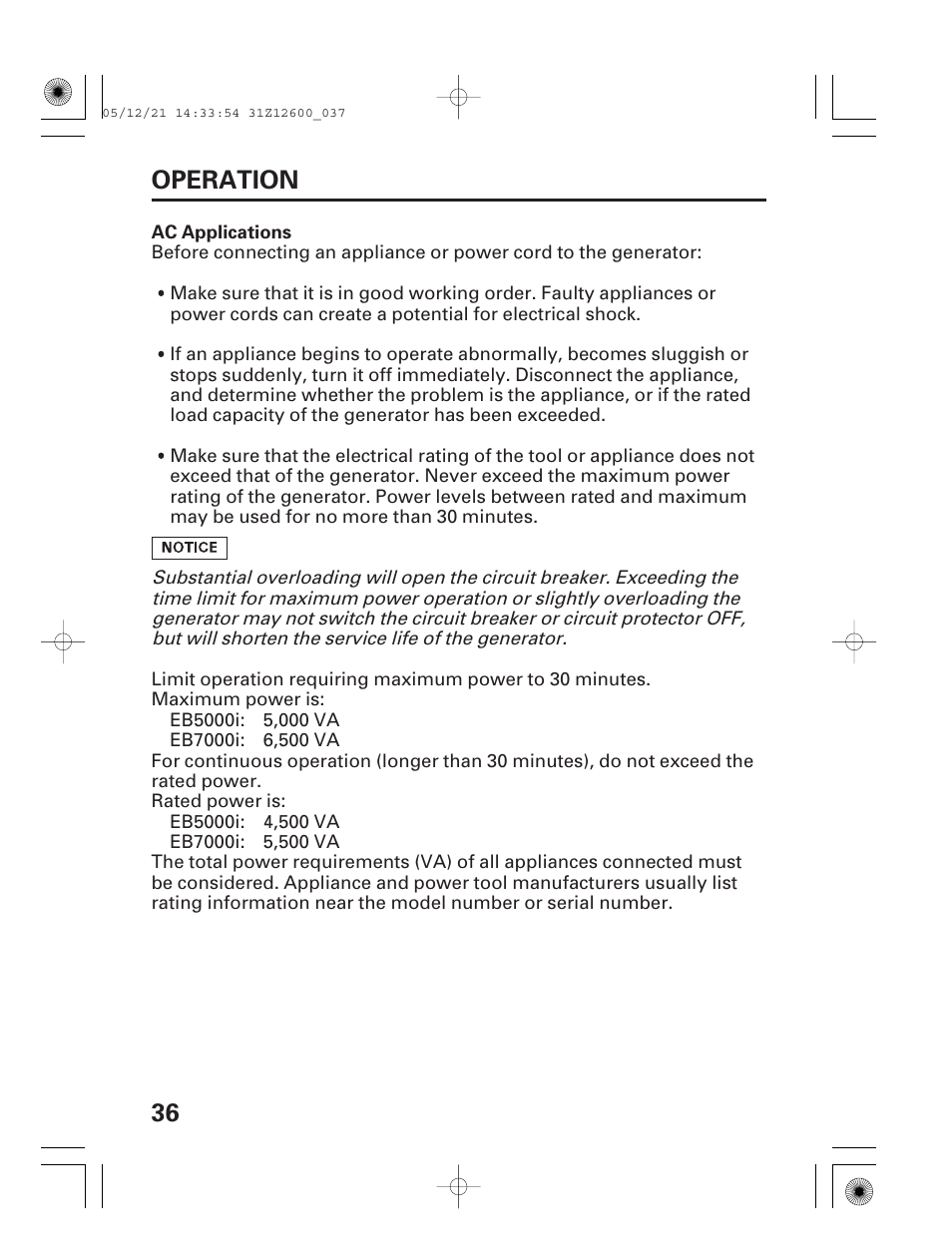 36 operation | HONDA EB7000i User Manual | Page 38 / 92