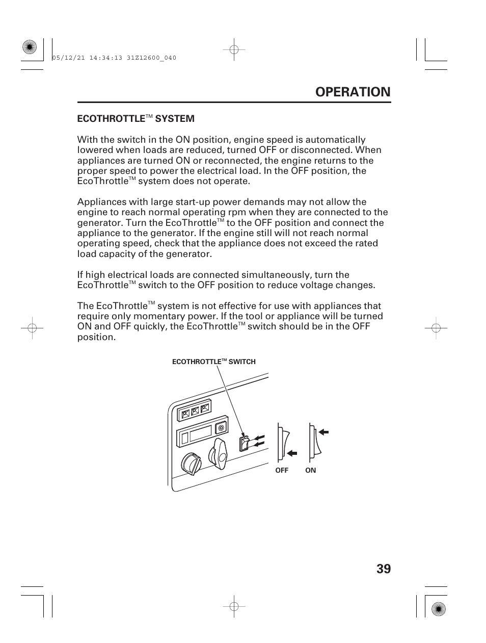 Ecothrottle™ system, 39 operation | HONDA EB7000i User Manual | Page 41 / 92