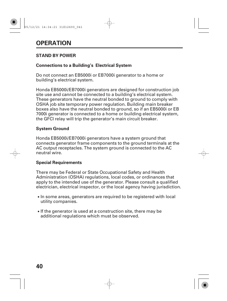 Stand by power, 40 operation | HONDA EB7000i User Manual | Page 42 / 92