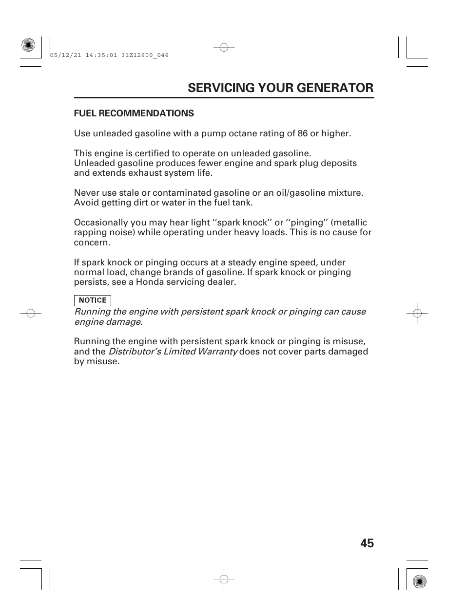 Fuel recommendations, 45 servicing your generator | HONDA EB7000i User Manual | Page 47 / 92