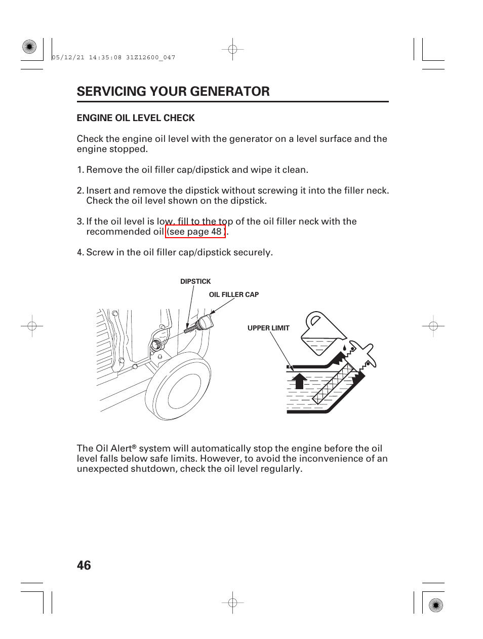 Engine oil level check, 46 servicing your generator | HONDA EB7000i User Manual | Page 48 / 92