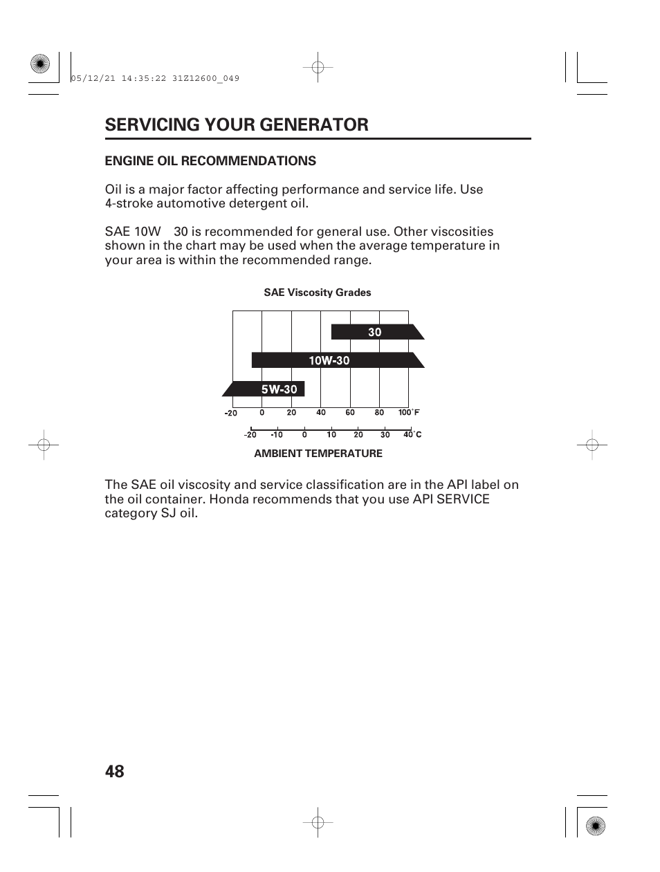 Engine oil recommendations, 48 servicing your generator | HONDA EB7000i User Manual | Page 50 / 92