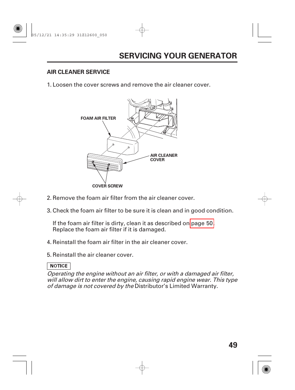 Air cleaner service, 49 servicing your generator | HONDA EB7000i User Manual | Page 51 / 92
