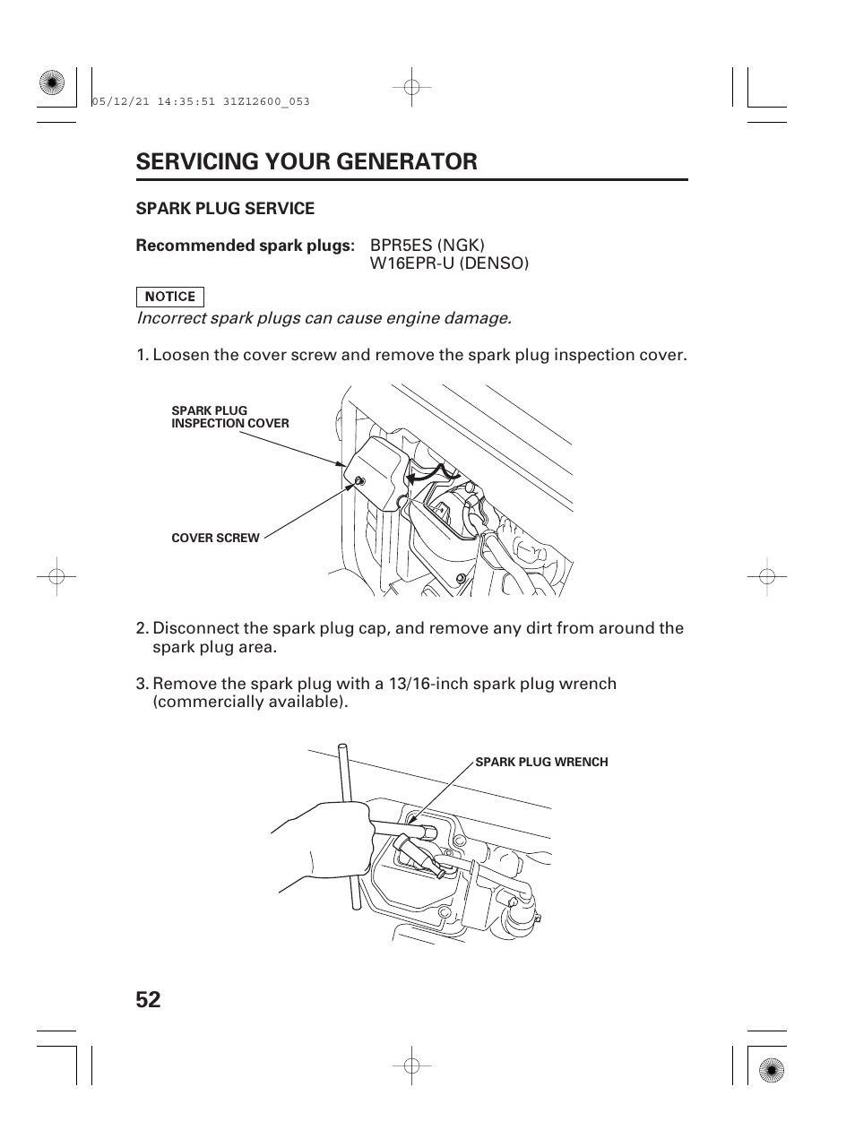 Spark plug service, 52 servicing your generator | HONDA EB7000i User Manual | Page 54 / 92