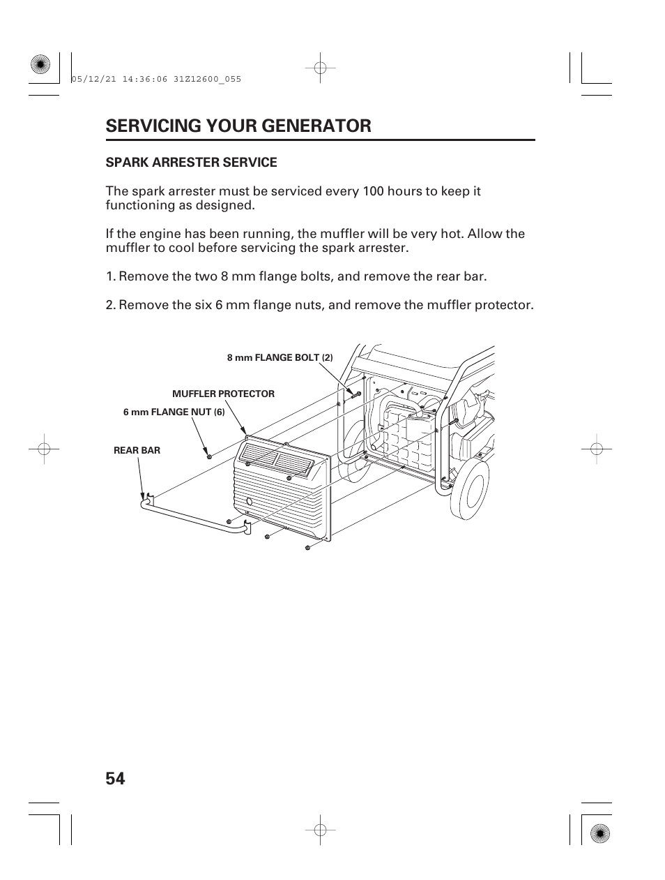 Spark arrester service, 54 servicing your generator | HONDA EB7000i User Manual | Page 56 / 92