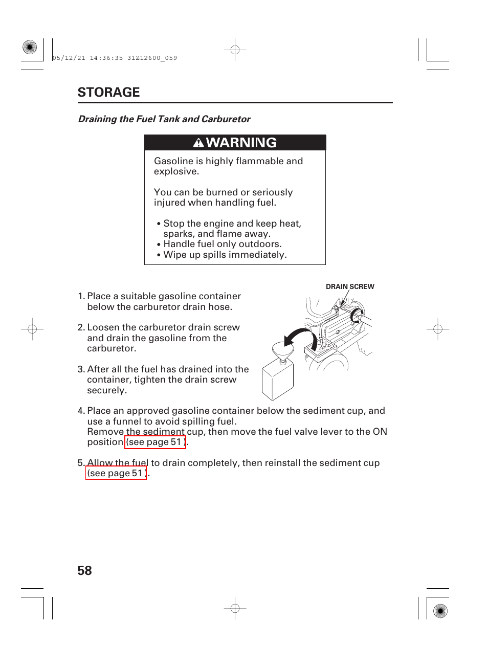 58 storage | HONDA EB7000i User Manual | Page 60 / 92