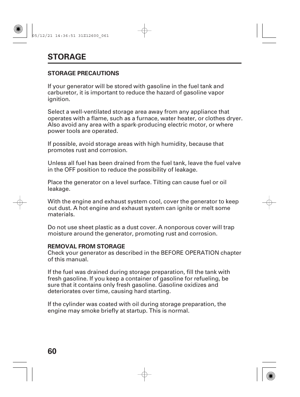 Storage precautions, Removal from storage, 60 storage | HONDA EB7000i User Manual | Page 62 / 92