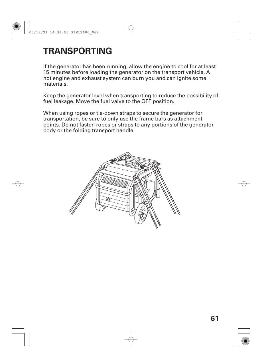 Transporting | HONDA EB7000i User Manual | Page 63 / 92