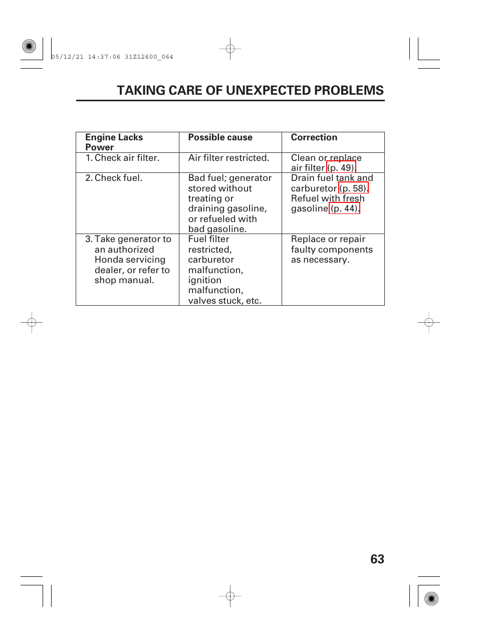Engine lacks power, 63 taking care of unexpected problems | HONDA EB7000i User Manual | Page 65 / 92