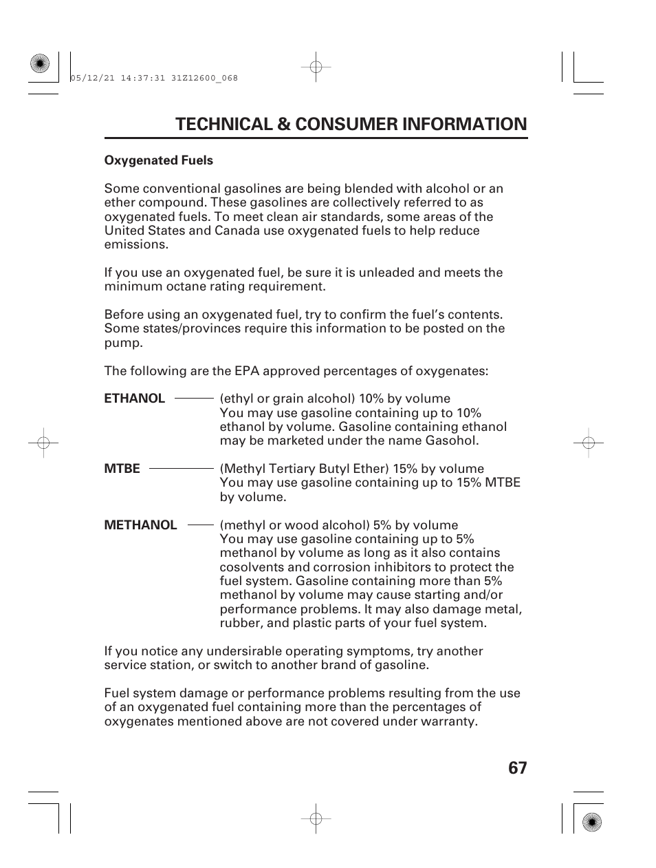 Oxygenated fuels, 67 technical & consumer information | HONDA EB7000i User Manual | Page 69 / 92