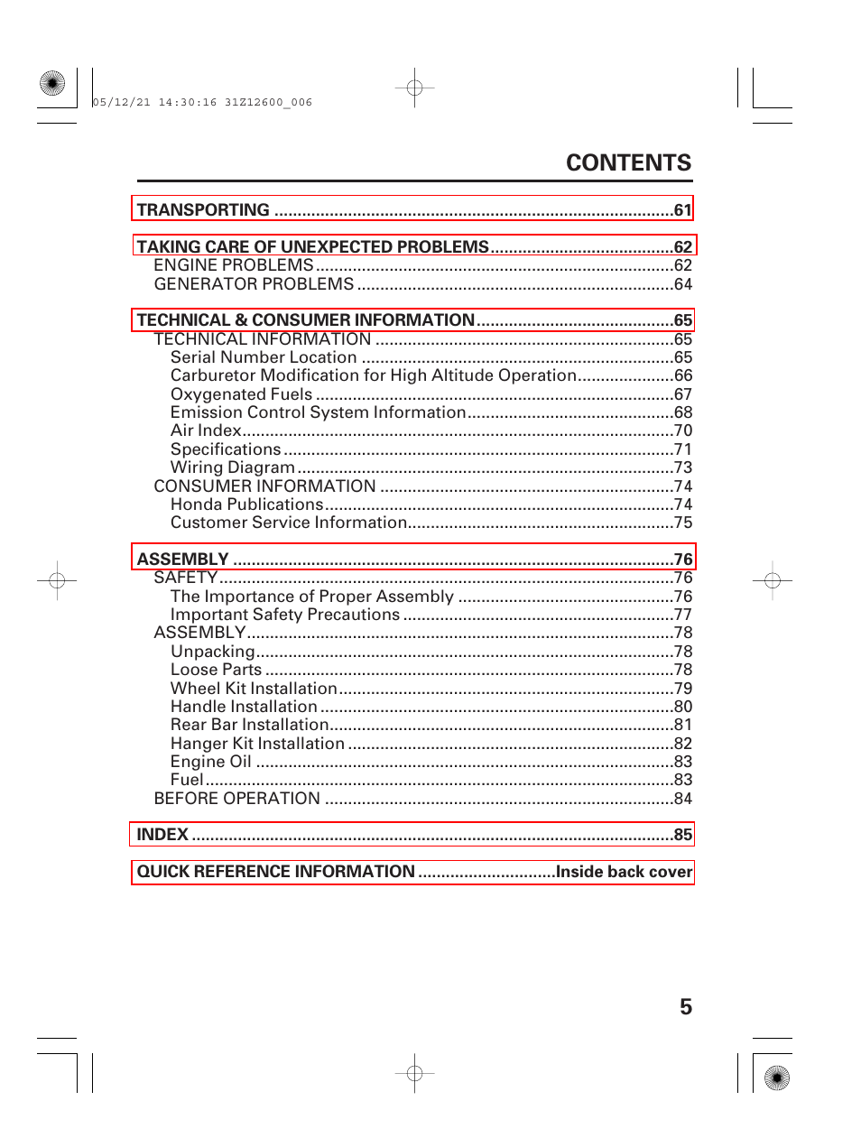 5contents | HONDA EB7000i User Manual | Page 7 / 92