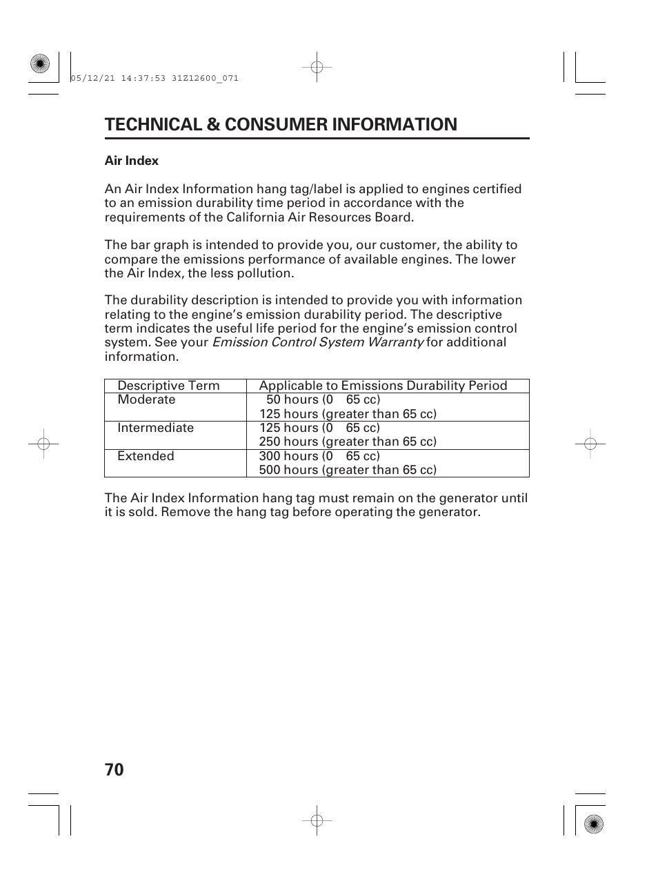 Air index, 70 technical & consumer information | HONDA EB7000i User Manual | Page 72 / 92
