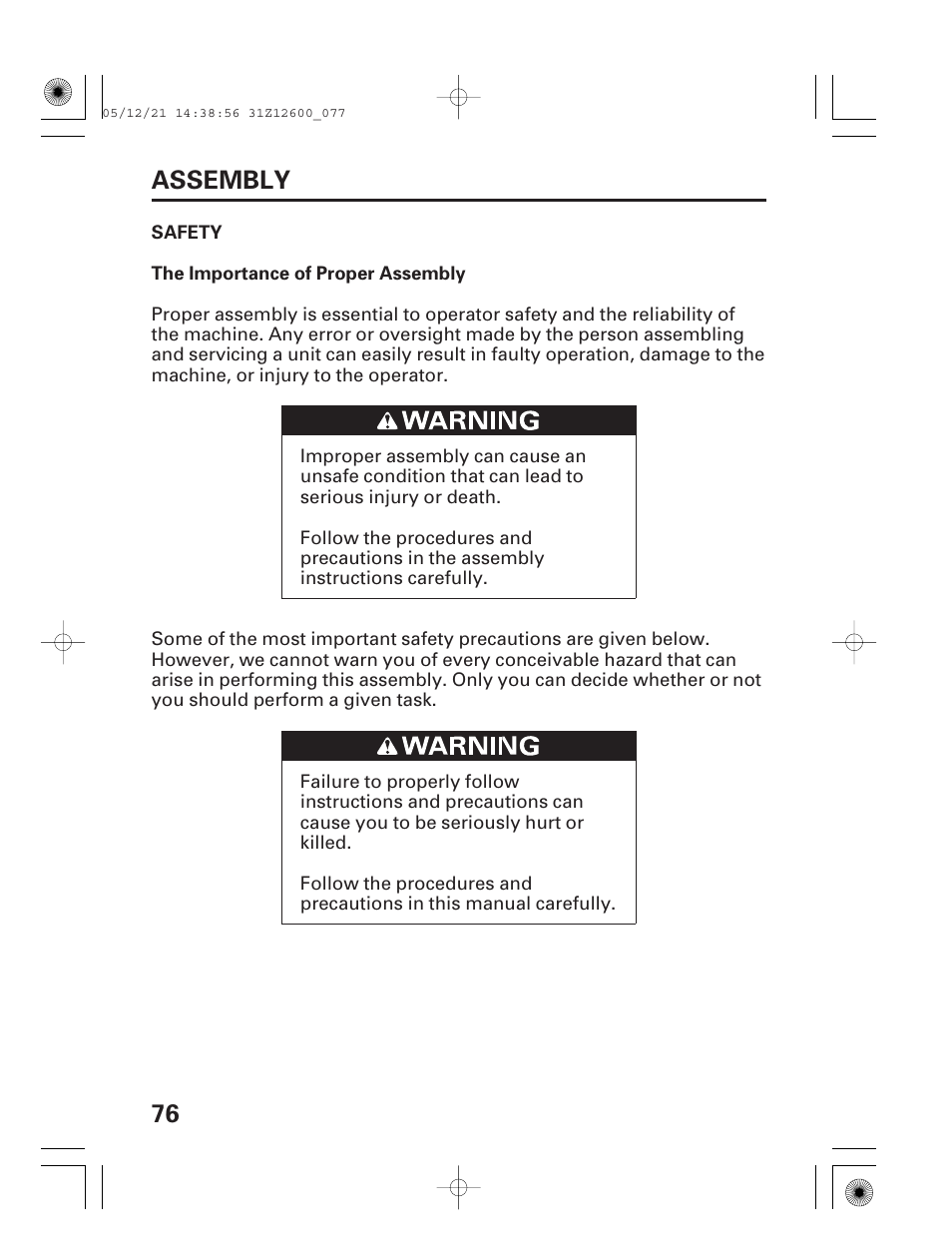 Assembly, Safety, 76 assembly | HONDA EB7000i User Manual | Page 78 / 92