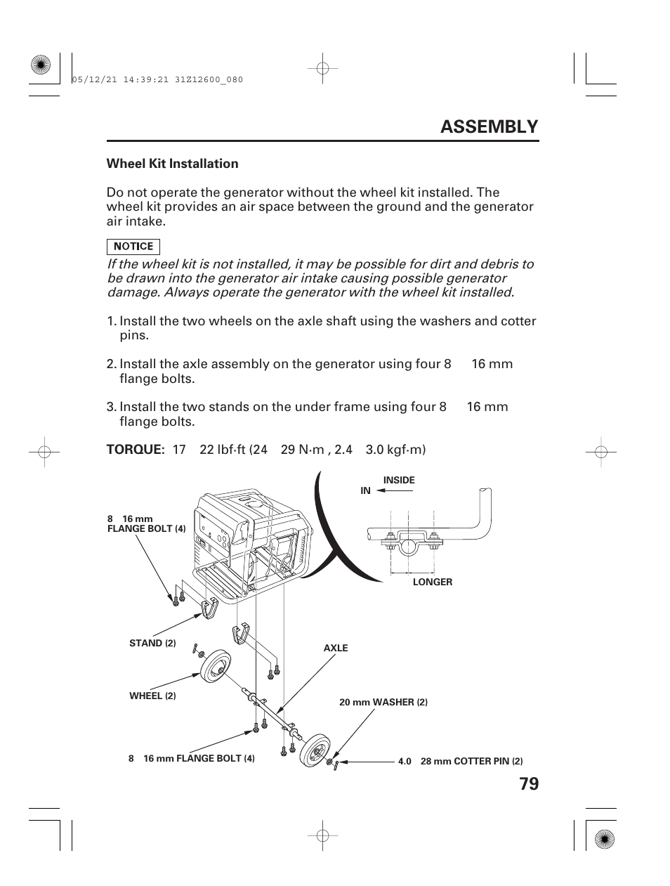 Wheel kit installation, 79 assembly | HONDA EB7000i User Manual | Page 81 / 92