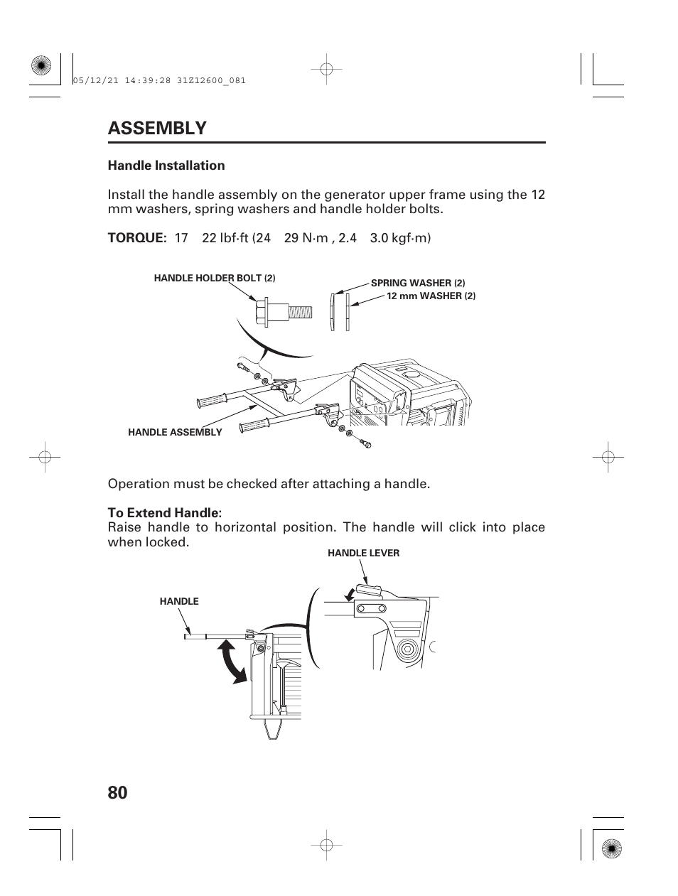 Handle installation, 80 assembly | HONDA EB7000i User Manual | Page 82 / 92