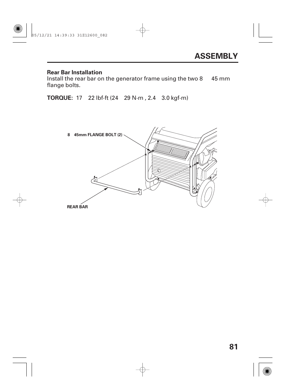 Rear bar installation, 81 assembly | HONDA EB7000i User Manual | Page 83 / 92