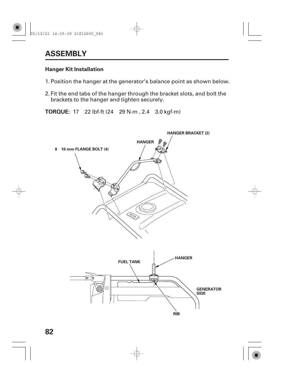Hanger kit installation, 82 assembly | HONDA EB7000i User Manual | Page 84 / 92