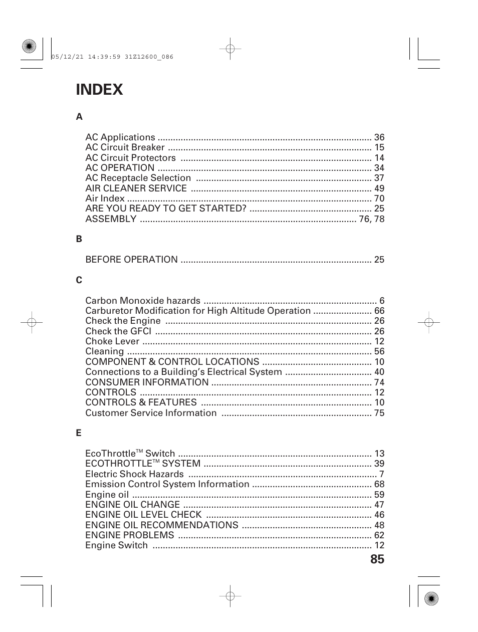 Index | HONDA EB7000i User Manual | Page 87 / 92