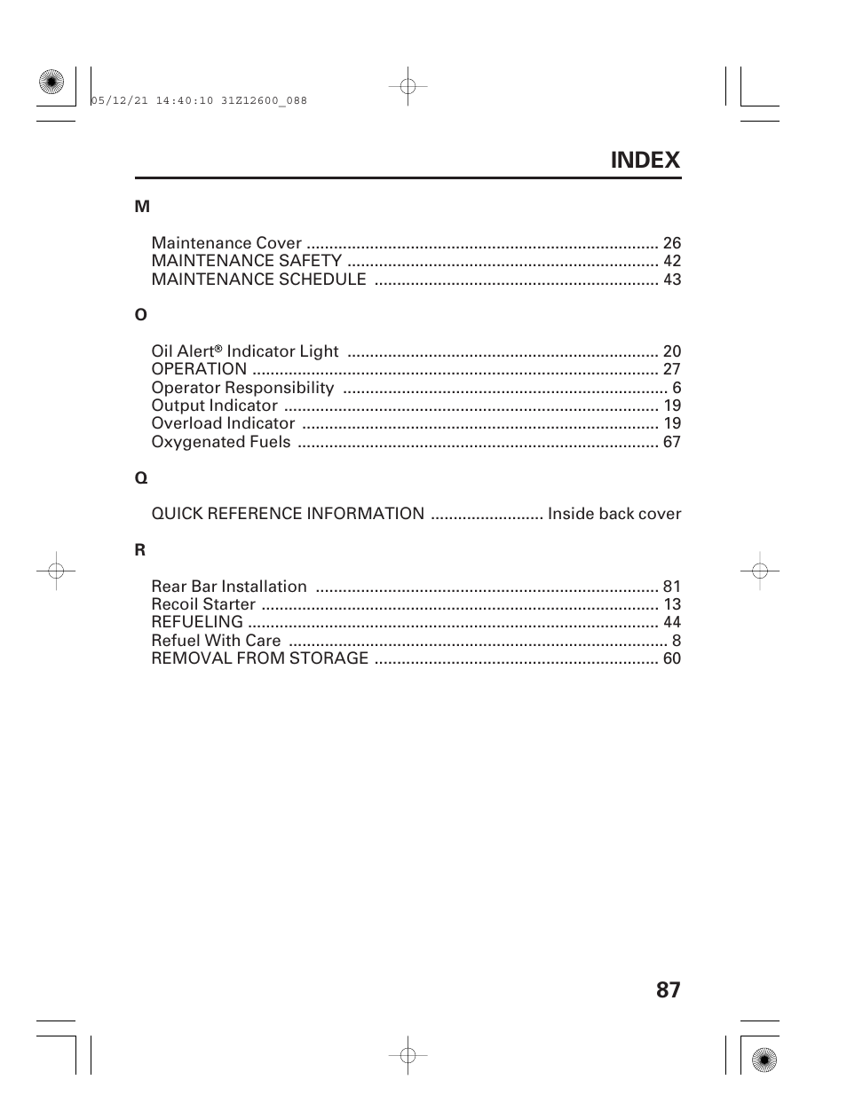 87 index | HONDA EB7000i User Manual | Page 89 / 92