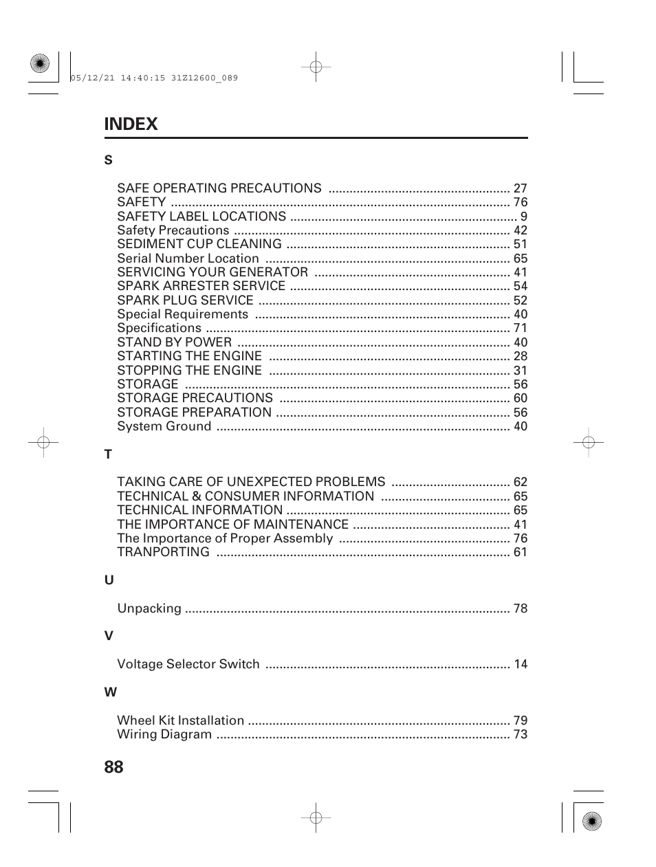 88 index | HONDA EB7000i User Manual | Page 90 / 92