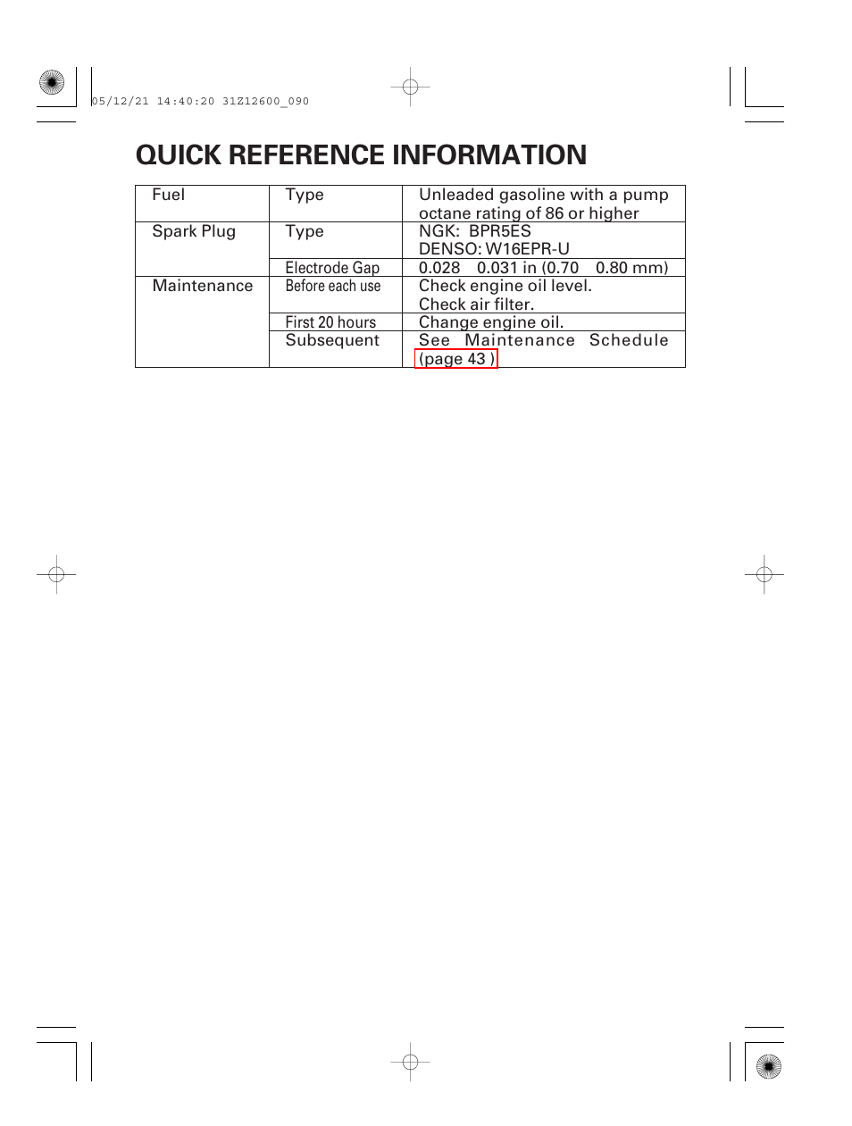Quick reference information, Inside back cover | HONDA EB7000i User Manual | Page 91 / 92