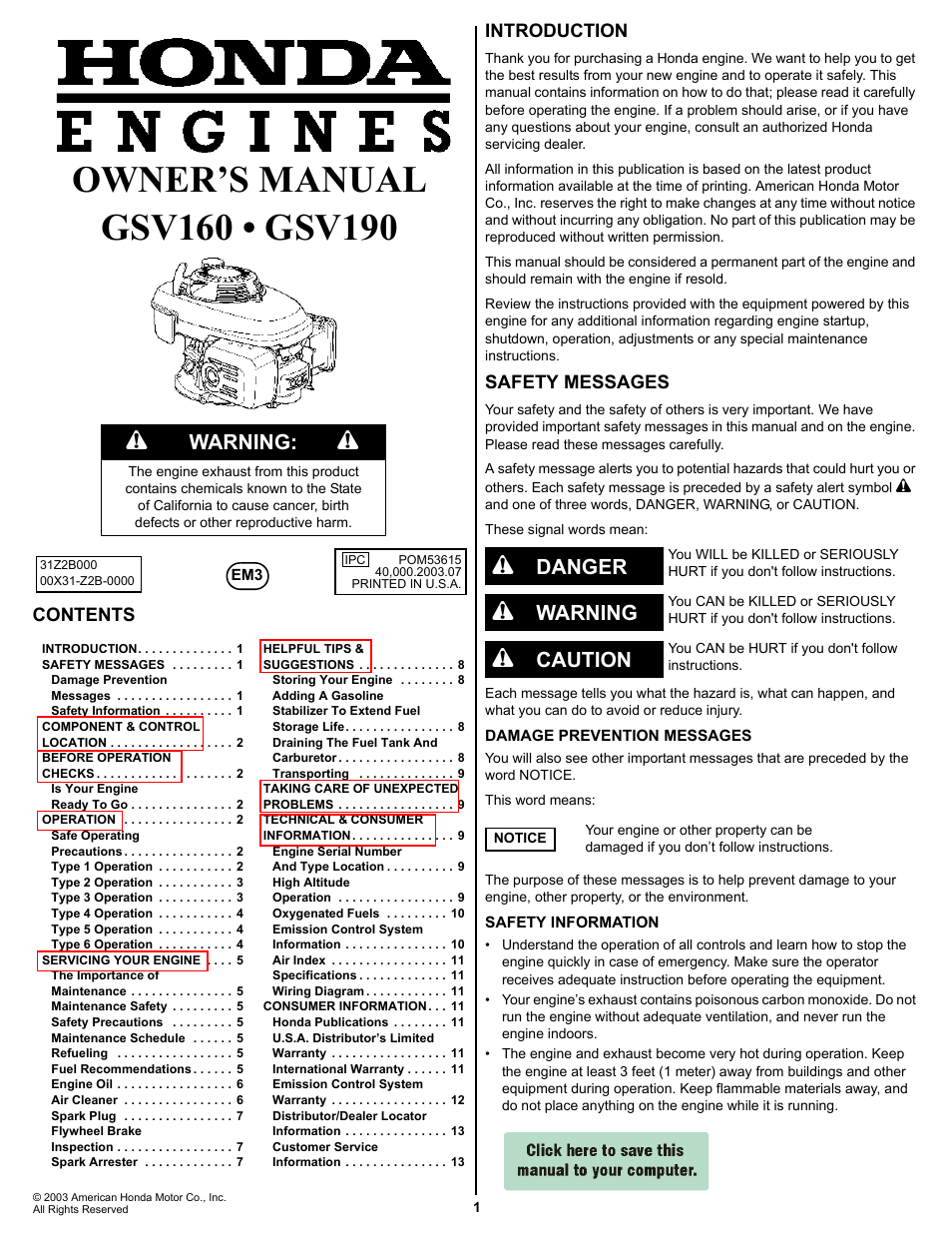 HONDA GSV190 User Manual | 16 pages