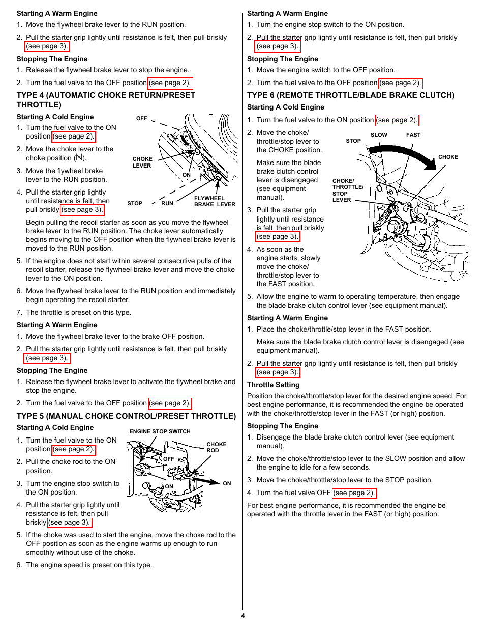 Type 4 (automatic choke return/preset throttle), Type 5 (manual choke control/preset throttle), Type 6 (remote throttle/blade brake clutch) | HONDA GSV190 User Manual | Page 4 / 16