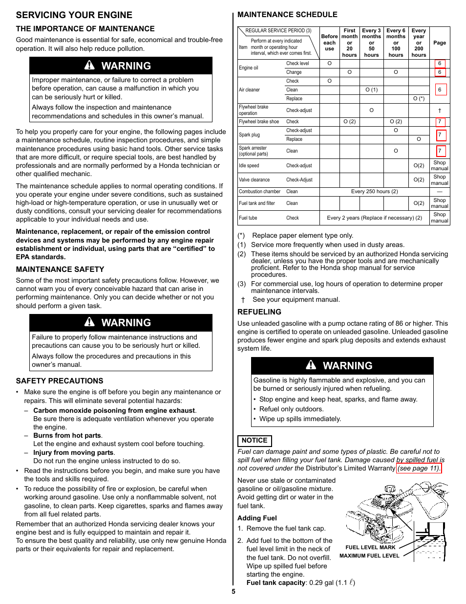 Servicing your engine, The importance of maintenance, Maintenance safety | Safety precautions, Maintenance schedule, Refueling, Warning | HONDA GSV190 User Manual | Page 5 / 16