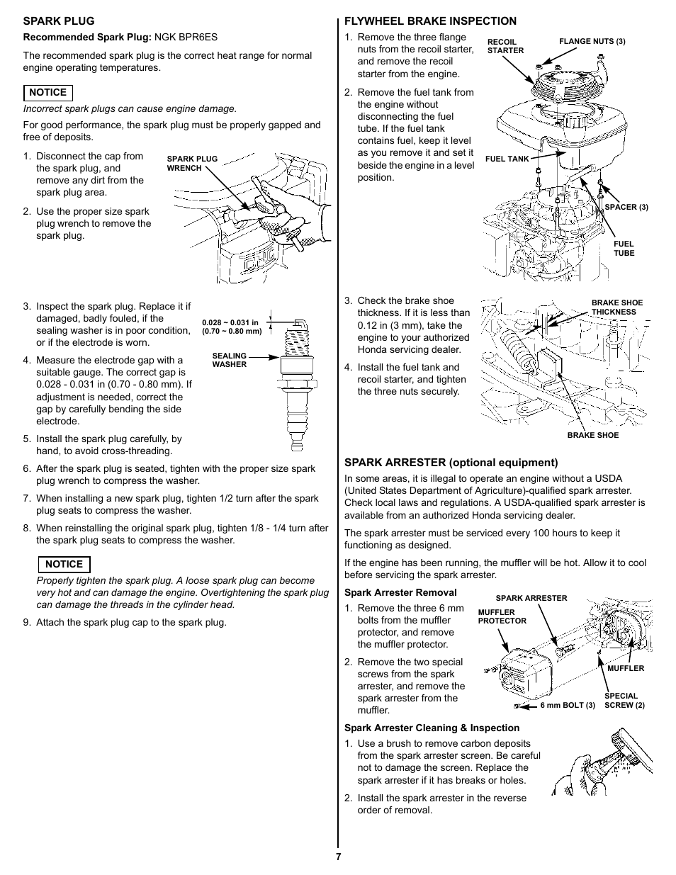 Spark plug, Flywheel brake inspection, Spark arrester (optional equipment) | HONDA GSV190 User Manual | Page 7 / 16