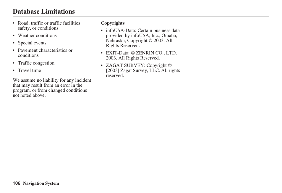 Database limitations | HONDA 2008 Accord 00X31 TA5 8000 User Manual | Page 107 / 149