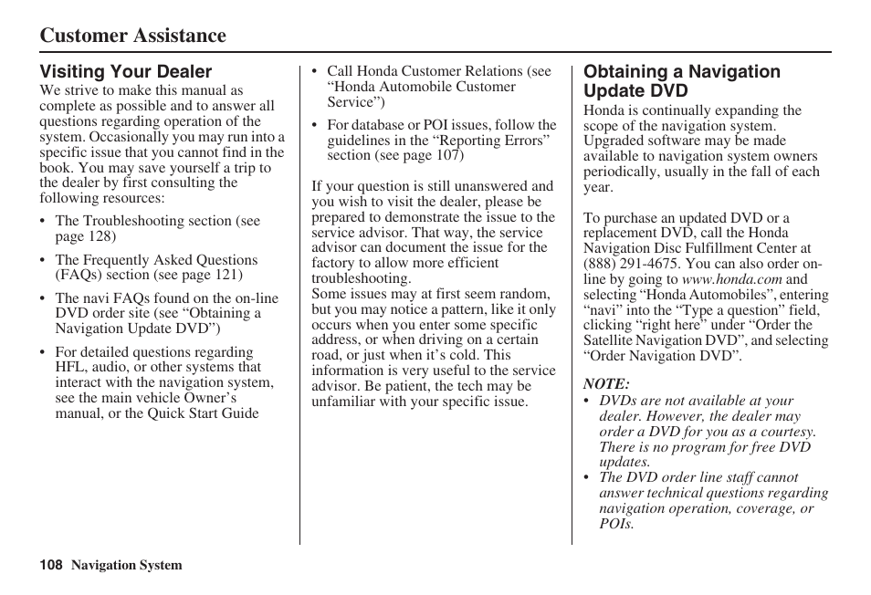 Customer assistance | HONDA 2008 Accord 00X31 TA5 8000 User Manual | Page 109 / 149