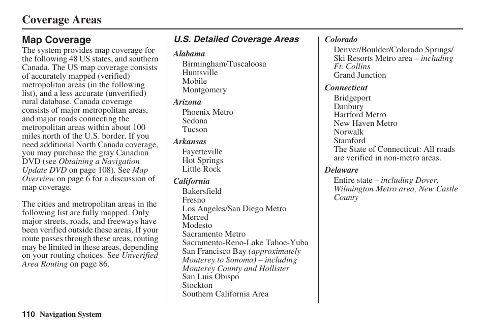 Coverage areas | HONDA 2008 Accord 00X31 TA5 8000 User Manual | Page 111 / 149