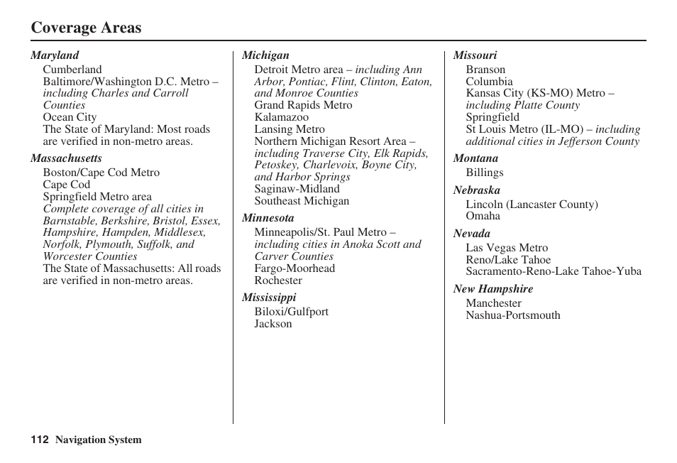 Coverage areas | HONDA 2008 Accord 00X31 TA5 8000 User Manual | Page 113 / 149