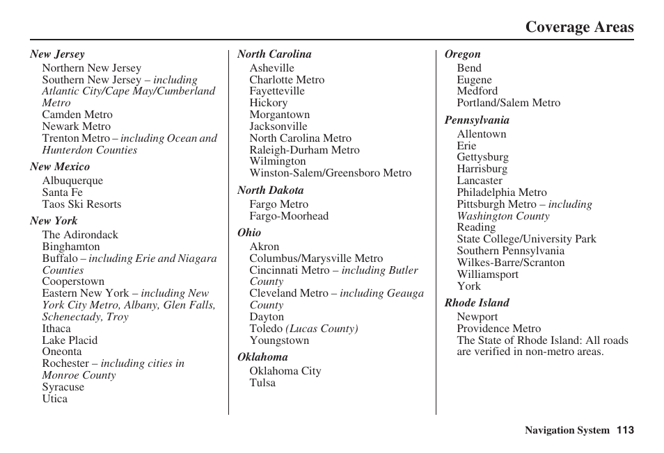 Coverage areas | HONDA 2008 Accord 00X31 TA5 8000 User Manual | Page 114 / 149