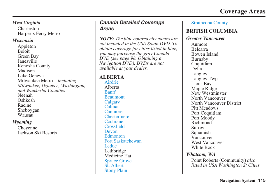 Coverage areas | HONDA 2008 Accord 00X31 TA5 8000 User Manual | Page 116 / 149