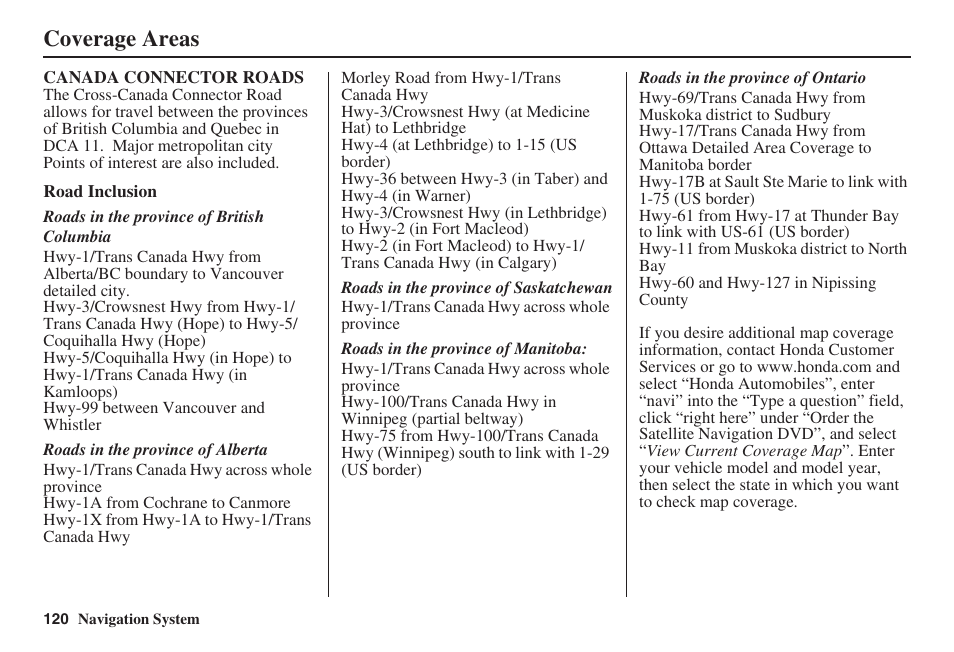 Coverage areas | HONDA 2008 Accord 00X31 TA5 8000 User Manual | Page 121 / 149