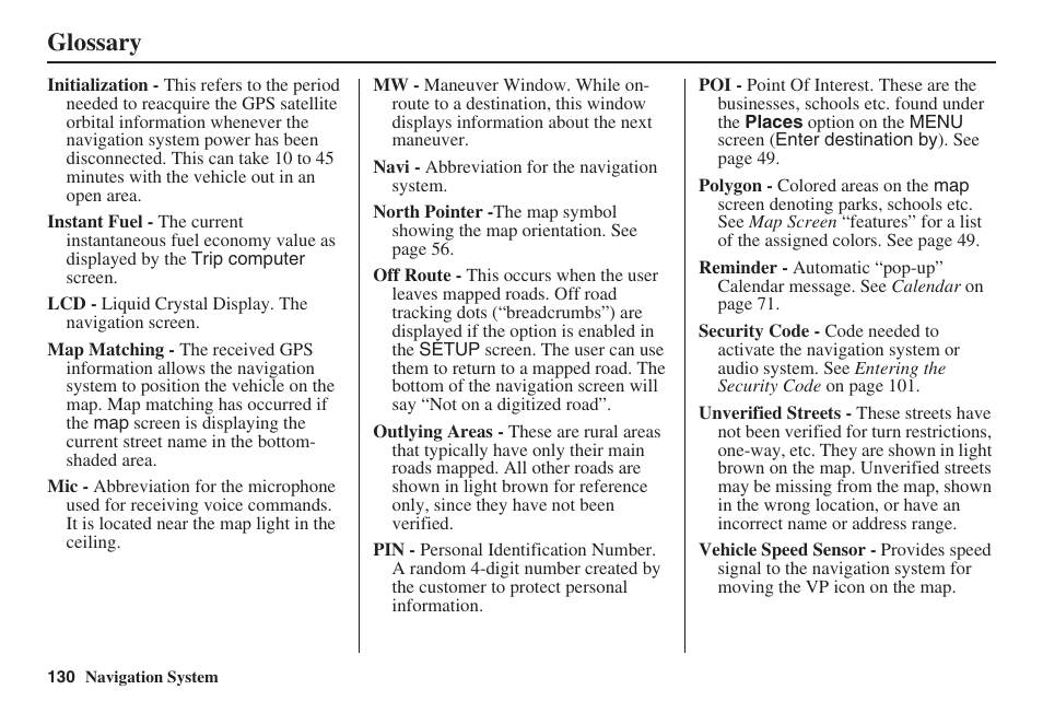 Glossary | HONDA 2008 Accord 00X31 TA5 8000 User Manual | Page 131 / 149