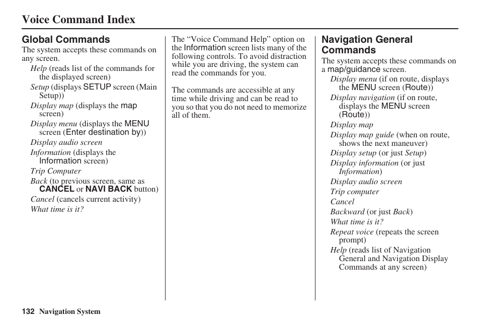 Voice command index | HONDA 2008 Accord 00X31 TA5 8000 User Manual | Page 133 / 149