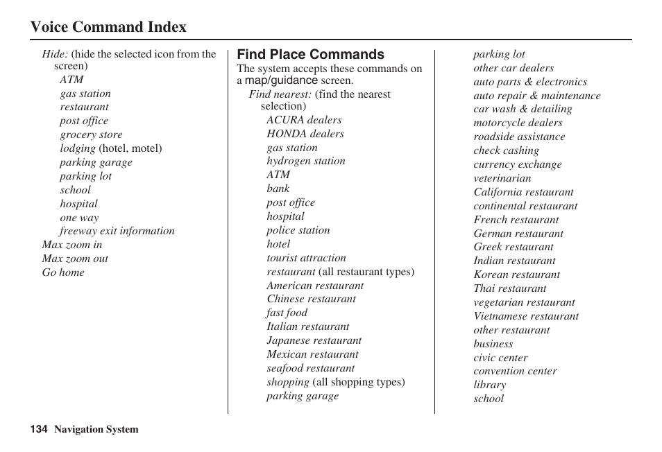 Voice command index | HONDA 2008 Accord 00X31 TA5 8000 User Manual | Page 135 / 149