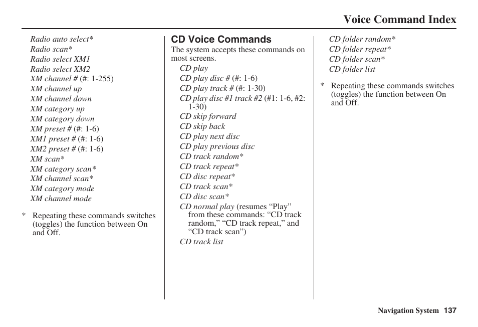 Voice command index | HONDA 2008 Accord 00X31 TA5 8000 User Manual | Page 138 / 149