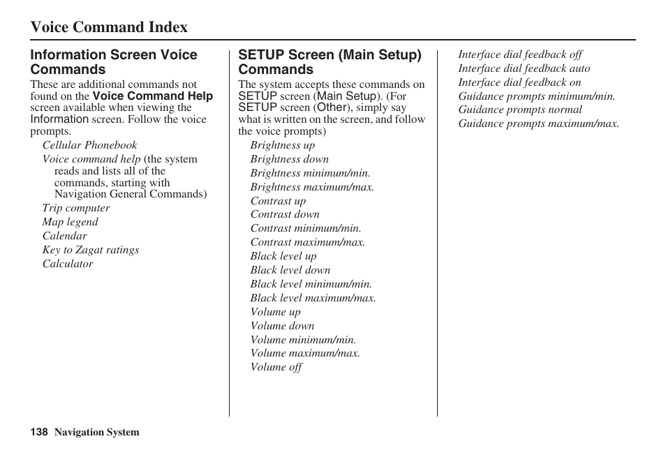 Voice command index | HONDA 2008 Accord 00X31 TA5 8000 User Manual | Page 139 / 149