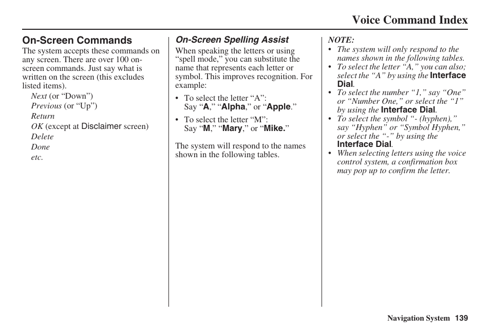 Voice command index | HONDA 2008 Accord 00X31 TA5 8000 User Manual | Page 140 / 149