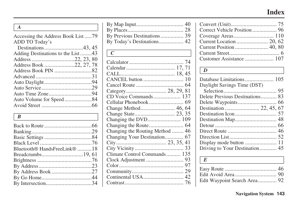 Index | HONDA 2008 Accord 00X31 TA5 8000 User Manual | Page 144 / 149