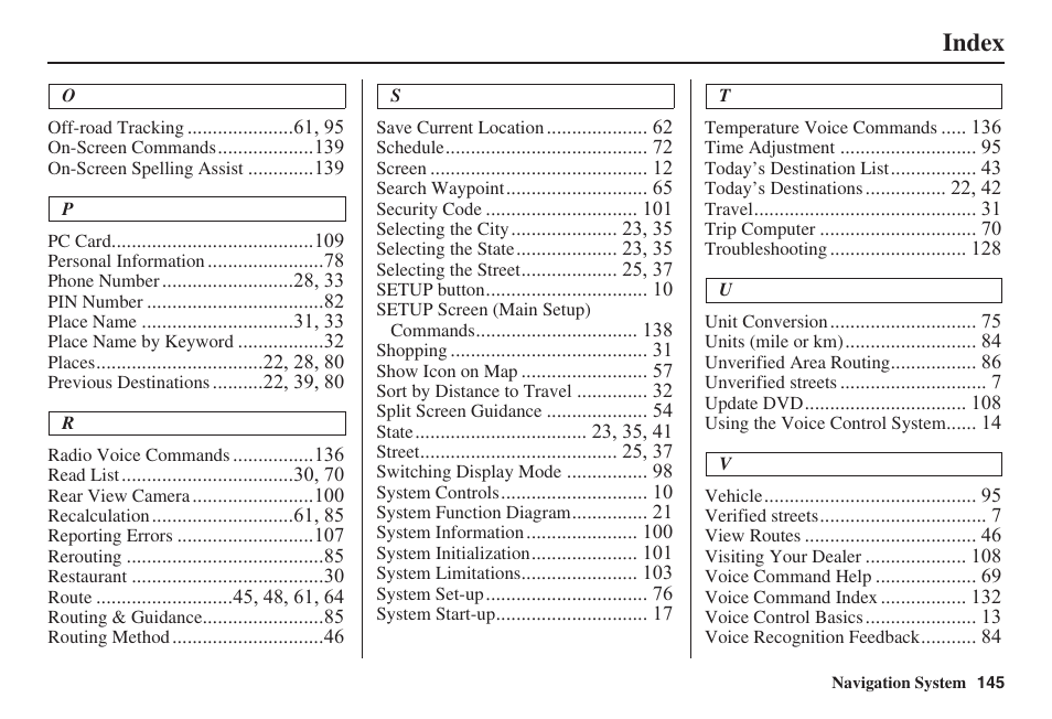 Index | HONDA 2008 Accord 00X31 TA5 8000 User Manual | Page 146 / 149