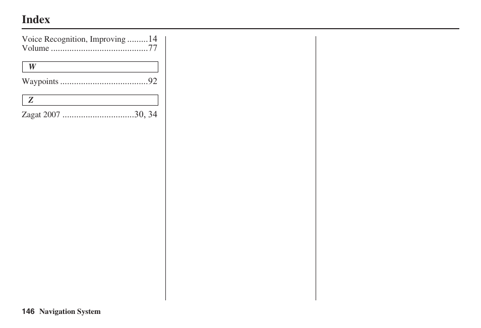 Index | HONDA 2008 Accord 00X31 TA5 8000 User Manual | Page 147 / 149